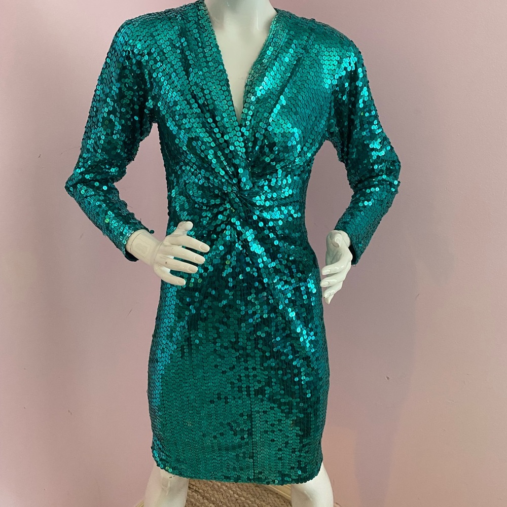 Vintage 90s Sequin Dress Nite Line Niteline V-neck Empire Long Sleeves Green